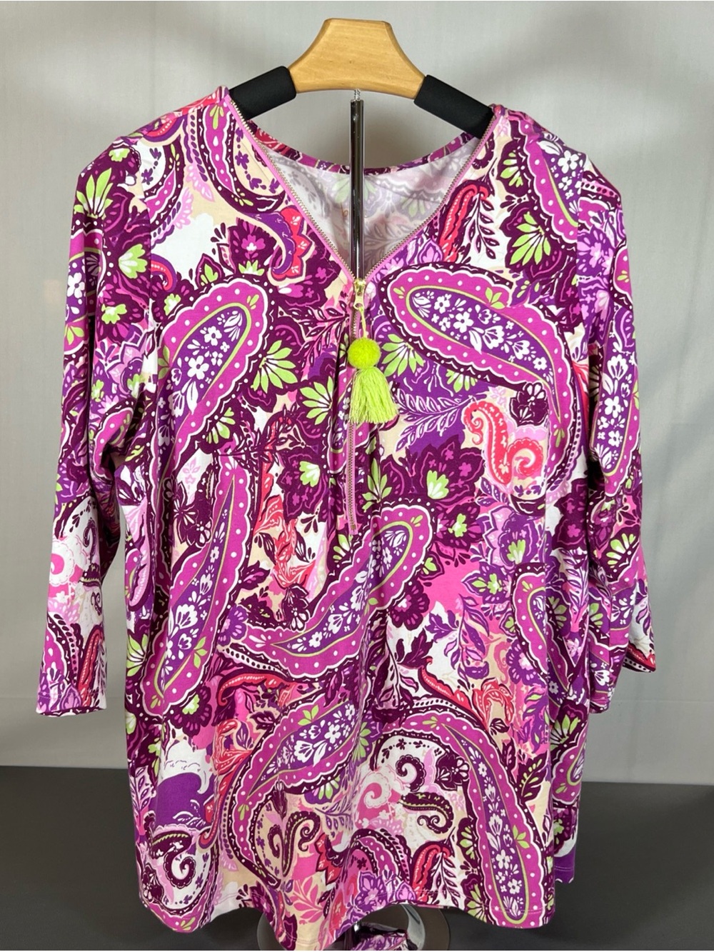 Belle by Kim Gravel Paisley Zip-Front Tunic in Purple, Pink and Lime